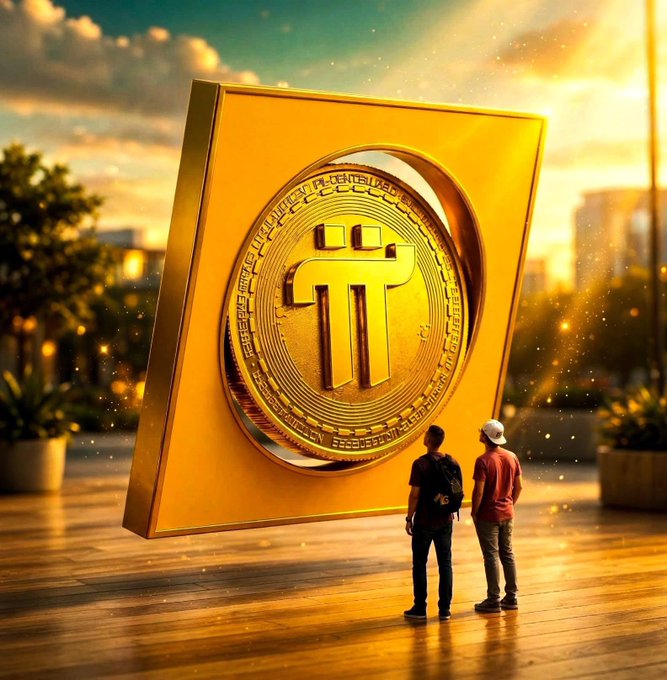 A 3D render showing two people standing in front of a massive, glowing golden coin featuring the Pi cryptocurrency symbol, set against a sunset city background.