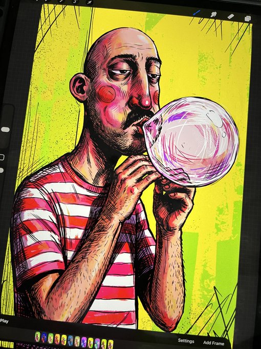 A digital illustration displayed on a tablet screen depicting a bald, bearded man in a red and white striped shirt blowing a large pink bubblegum bubble against a yellow background.