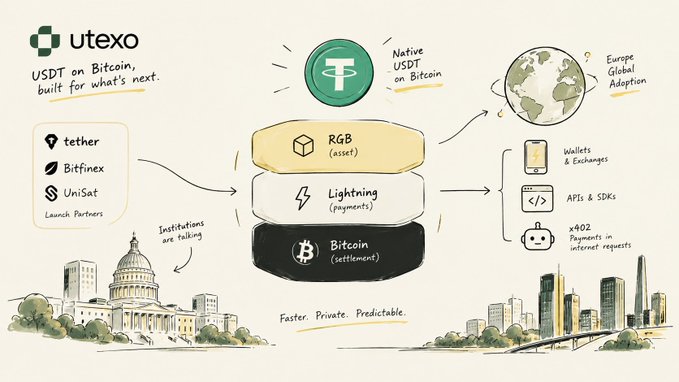 An infographic titled 'utexo: USDT on Bitcoin, built for what's next.' It illustrates a technology stack with RGB (asset), Lightning (payments), and Bitcoin (settlement), showing connections from partners like Tether, Bitfinex, and UniSat to wallets, exchanges, APIs, and global adoption.
