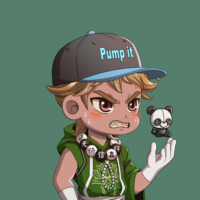 The image features a cartoon boy with blonde hair wearing a green shirt, black cap, and white gloves holding a panda bear toy. The caption reads "Pump It" above him. The background of the image is a solid green color.