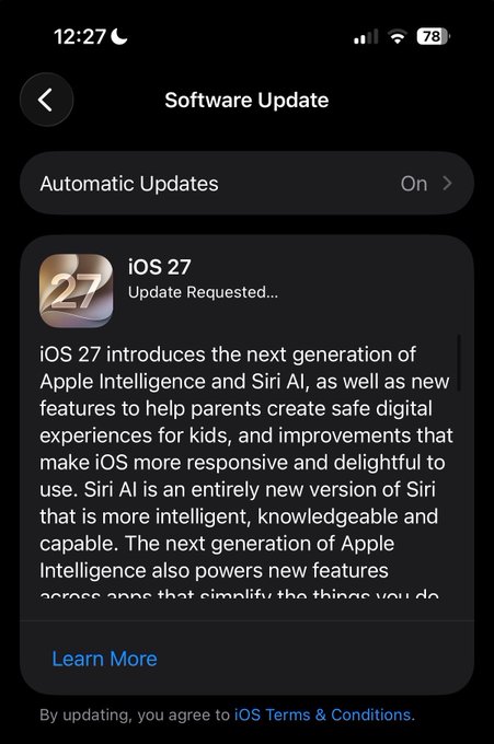 An iPhone Software Update screen showing 'iOS 27 Update Requested...' with description text about Apple Intelligence and Siri AI features.