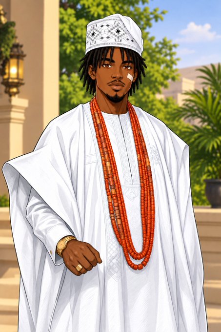 An anime-style illustration of a man in traditional white Nigerian attire with a cap and multiple strands of orange coral beads, standing on steps with greenery behind him.