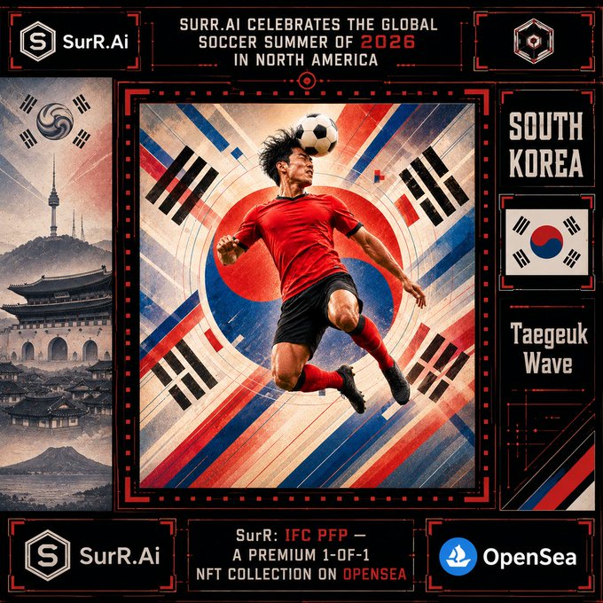 A digital poster by SurR.Ai celebrating "THE GLOBAL SOCCER SUMMER OF 2026 IN NORTH AMERICA," featuring a South Korean soccer player with the South Korean flag and "Taegeuk Wave" text, promoting an NFT collection on OpenSea.