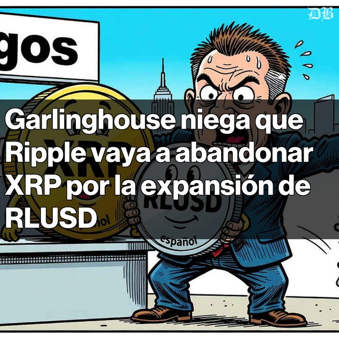 A cartoon news-style graphic shows a sweating man holding coins, with Spanish text reading “Garlinghouse niega que Ripple vaya a abandonar XRP por la expansión de RLUSD.”