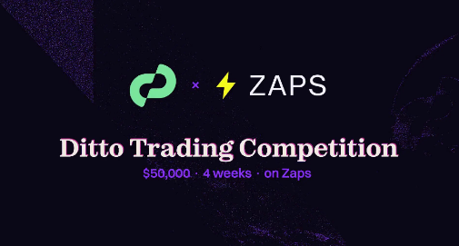 A dark promotional graphic for the 'Ditto Trading Competition' on Zaps platform offering $50,000 over 4 weeks, featuring logos for Ditto and Zaps.