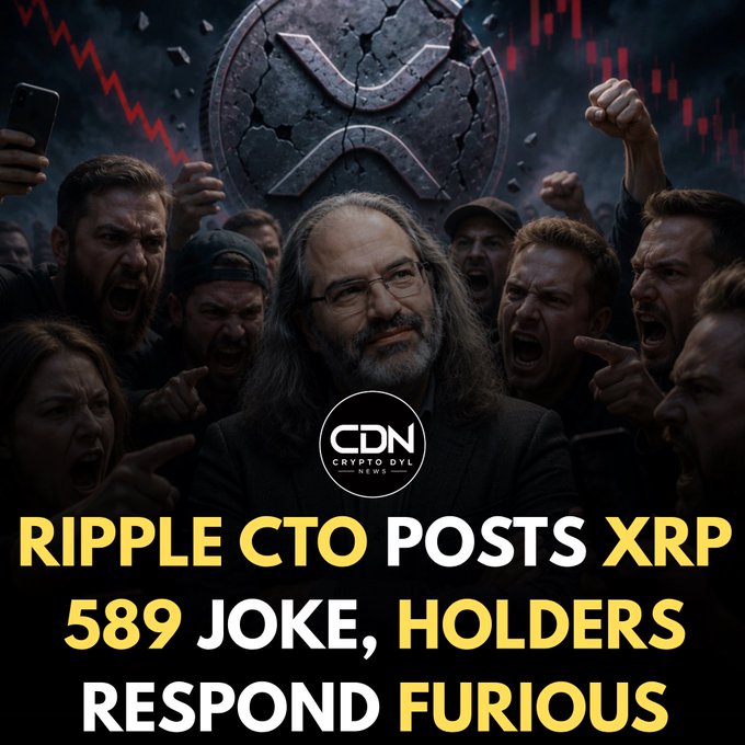 The image shows a dramatic thumbnail featuring a man with long gray hair and glasses at the center, surrounded by an angry, shouting crowd with a cracked XRP logo and red downward-trending stock chart in the background. The bold yellow and white text reads "RIPPLE CTO POSTS XRP 589 JOKE, HOLDERS RESPOND FURIOUS," with a "CDN Crypto Dyl News" logo, visually amplifying the controversy referenced in the accompanying post about Ripple CTO JoelKatz's XRP 589 joke sparking outrage among holders.