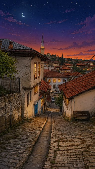 An illustrated scene depicts a picturesque old town at twilight, featuring cobblestone streets, terracotta rooftops, and a distant minaret under a starry sky with a crescent moon.