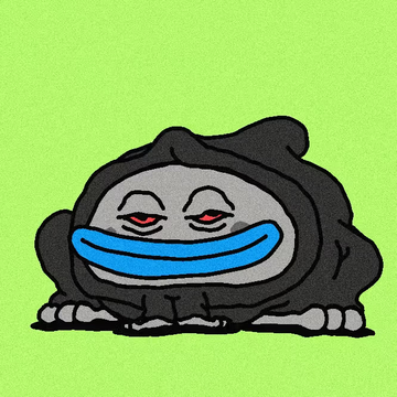 A cartoon illustration on a bright green background depicting a gray creature in a black hooded cloak with a wide blue smile and red eyes, lounging in a relaxed pose.