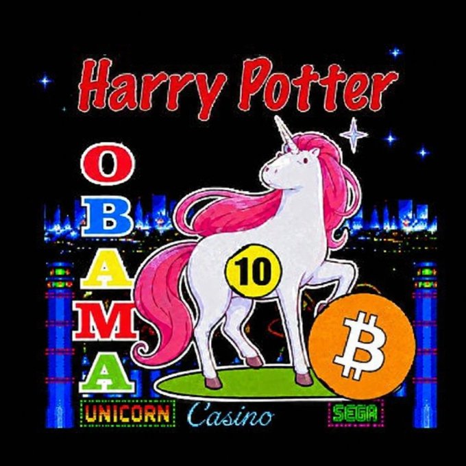A neon-style graphic featuring the text 'Harry Potter OBAMA UNICORN Casino' alongside a pink-maned unicorn with the number 10 on its side and a Bitcoin symbol.