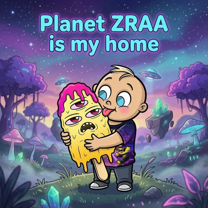 A colorful cartoon illustration with the text 'Planet ZRAA is my home' showing a baby hugging a three-eyed melting creature in an alien landscape.