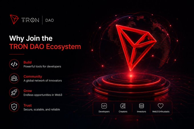 A promotional graphic for TRON DAO titled 'Why Join the TRON DAO Ecosystem' highlights Build, Community, Grow, and Trust benefits, with categories for Developers, Creators, Investors, and Web3 Enthusiasts.