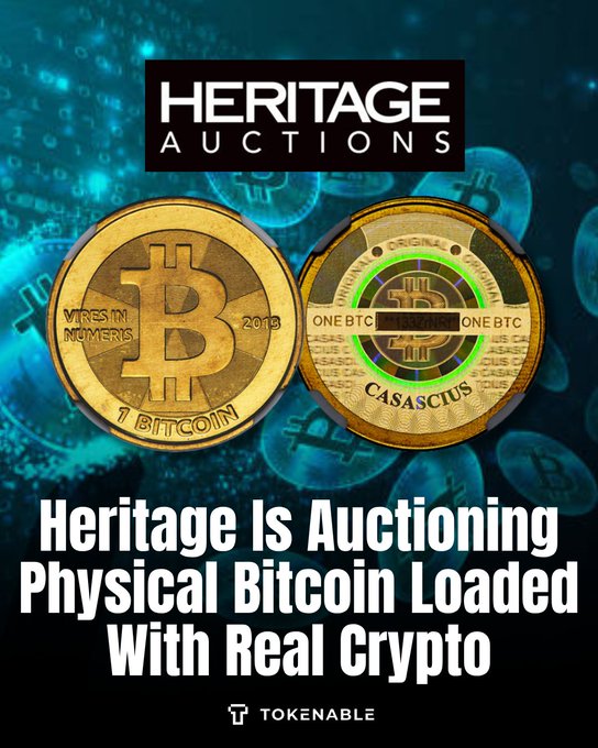 A promotional graphic from 'Tokenable' for Heritage Auctions, featuring two physical Casascius Bitcoin coins with text reading 'Heritage Is Auctioning Physical Bitcoin Loaded With Real Crypto'.
