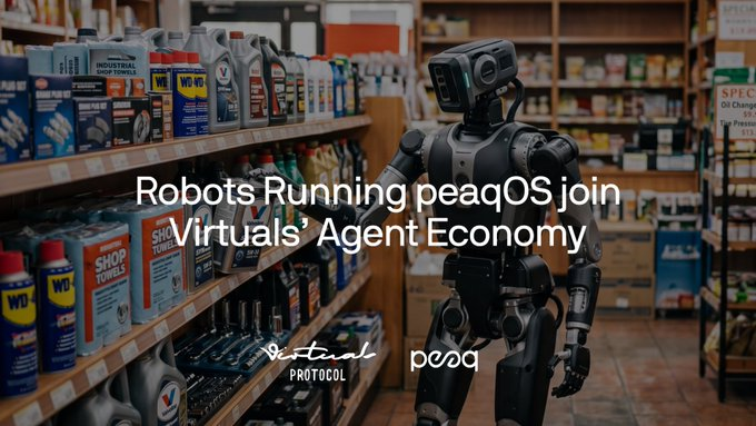 A humanoid robot stands in an aisle stocked with WD-40 and shop supplies, overlaid with the text "Robots Running peaqOS join Virtuals' Agent Economy" alongside the Virtuals Protocol and peaq logos—visually echoing the post's announcement of robotic.sh enabling robots to transact independently via paired AI agents.
