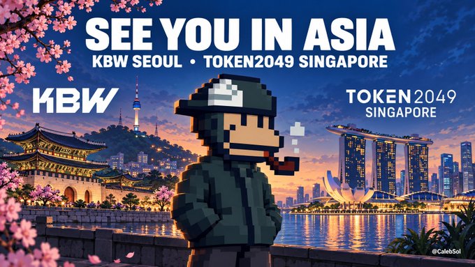 A pixel-art character smoking a pipe stands against a twilight backdrop featuring Seoul's Gyeongbokgung Palace and cherry blossoms on the left, and Singapore's Marina Bay Sands on the right. Bold text reads "SEE YOU IN ASIA - KBW SEOUL • TOKEN2049 SINGAPORE," visually promoting the post's announcement of attending both blockchain conferences to explore partnerships.