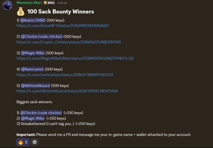 A Discord screenshot from 'Memento Mori BRIA' announcing '100 Sack Bounty Winners' including @Aulox | KIND, @Chickie, @Magic Mike, @Namcamn, and @WhitestWizard, each receiving 500 keys.