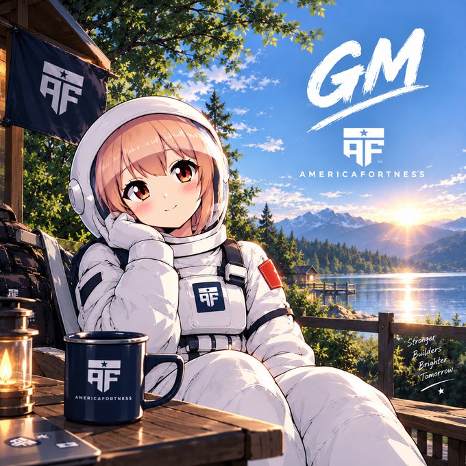 An anime-style illustration of an astronaut girl in a white spacesuit with 'AF' (America Fortress) logos, sitting at a wooden table with a branded mug, beside a lake at sunset with 'GM' text and 'Stronger Builders Brighter Tomorrow' tagline.