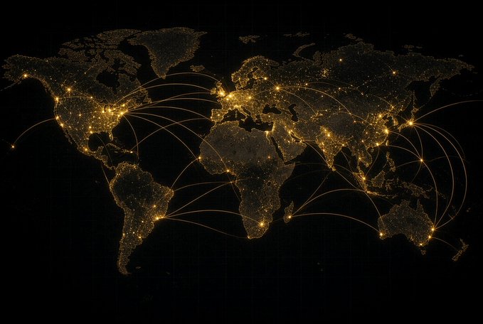 A dark world map showing illuminated city lights connected by golden arc lines representing global connections or flight paths.