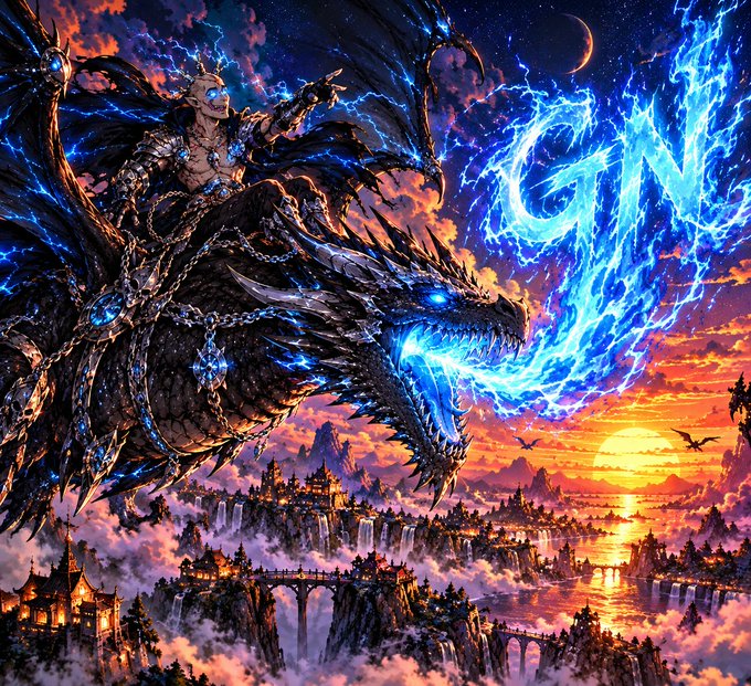 A fantasy digital artwork shows a skeletal rider on a massive black dragon breathing blue fire, with the letters 'GN' rendered in flames above a fantasy cityscape with castles, waterfalls, and a sunset.