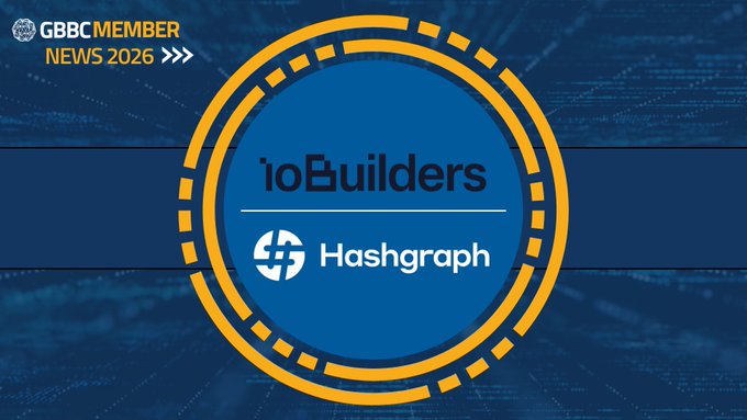 A digital graphic features a blue circular design with orange borders, displaying the "ioBuilders" and "Hashgraph" logos alongside "GBBC MEMBER NEWS 2026" text in the corner. The graphic relates to the accompanying $hbar post by highlighting Hashgraph's branding and company partnership news relevant to the Hedera ecosystem.