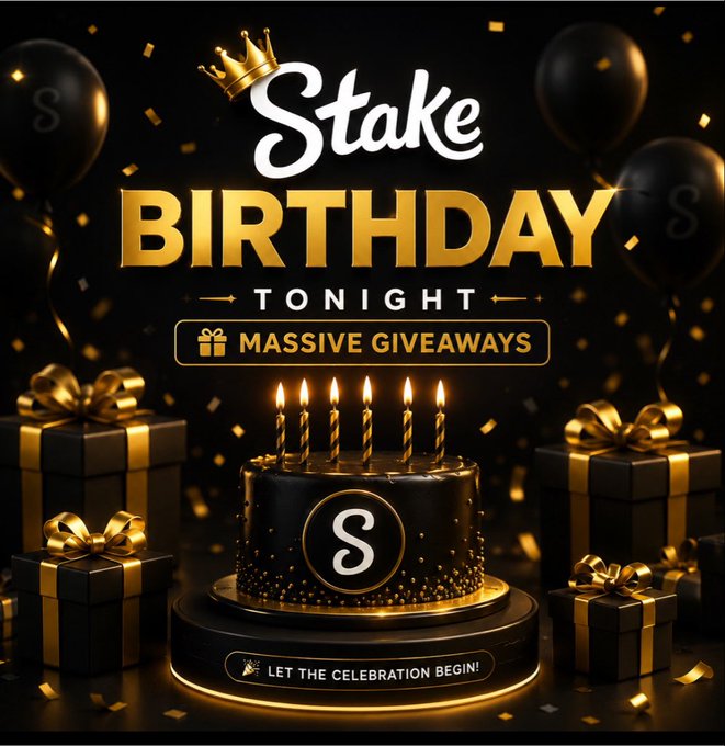 A promotional graphic for 'Stake Birthday' featuring a black and gold cake with candles, gift boxes, and balloons, announcing 'TONIGHT MASSIVE GIVEAWAYS' and 'LET THE CELEBRATION BEGIN!'.