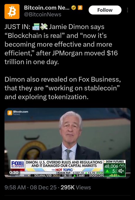 A Bitcoin.com News tweet reports Jamie Dimon stating "Blockchain is real" and that JPMorgan moved $16 trillion in one day, while also noting JPMorgan is "working on stablecoin" and exploring tokenization, accompanied by a Fox Business clip of Dimon discussing U.S. regulations and capital markets. The image supports the post's point that despite Dimon's past anti-Bitcoin rhetoric, his bank's massive tokenized deposit settlement activity via Kinexys ($16T daily) shows the underlying infrastructure—linked to Chainlink ($LINK)—is being actively embraced by traditional finance.
