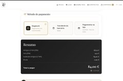 The image shows a checkout/payment screen in Portuguese accepting Dogecoin, featuring a "Resumo" (Summary) section with an order total of €2,400.00, which relates to the announcement of a new Portuguese website that is now set up to accept Dogecoin payments.