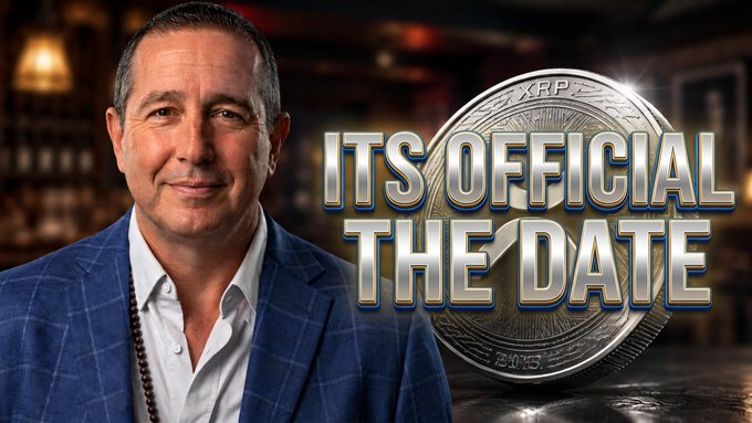 A promotional thumbnail featuring a man in a blue plaid blazer beside an XRP coin graphic with bold text reading "ITS OFFICIAL THE DATE".