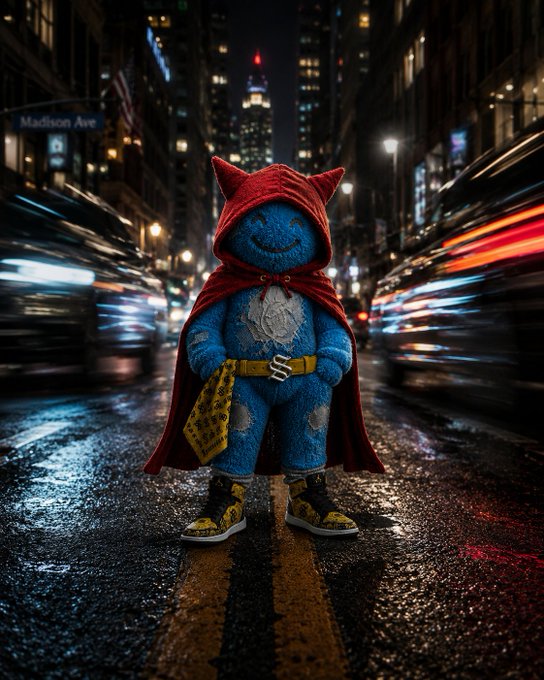 A small blue furry creature wearing a red hooded cape and yellow boots stands in the middle of a wet city street at night with motion-blurred cars in the background.