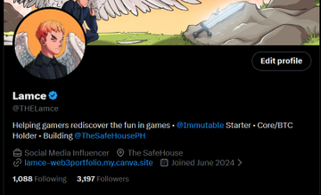The image shows a Twitter profile of an individual named "Lamece" who has posted about helping gamers discover new games, specifically focusing on games that are "immutable starter" or "Core/BTC", as well as games built into the @thesafehousePhi website. The post also mentions that they have made 2 figs from content gigs and lost 1 fig to trading.