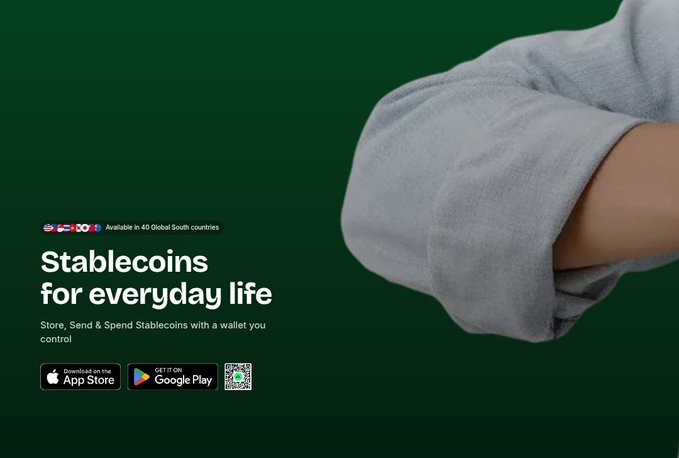 A dark green advertisement with a person's arms crossed, promoting 'Stablecoins for everyday life' with text to 'Store, Send & Spend Stablecoins with a wallet you control' and App Store/Google Play badges.