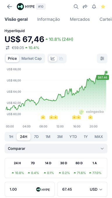 A CoinGecko price chart for Hyperliquid (HYPE token) showing a price of US$67.46, up 10.8% in 24 hours, with the price displayed in both USD and EUR over a 24-hour timeframe.