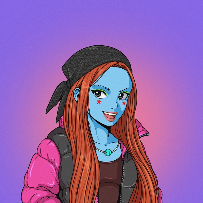 A digital illustration features a blue-skinned woman with long red hair, star markings under her eyes, a black bandana, and a pink puffer jacket against a purple gradient background.
