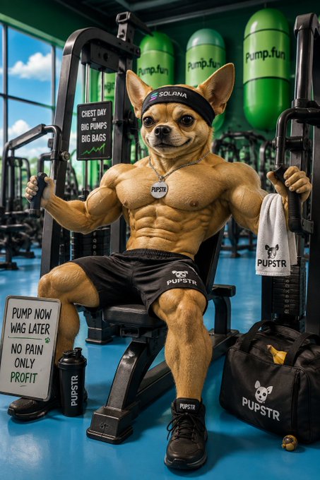 A muscular anthropomorphic Chihuahua wearing 'SOLANA' and 'PUPSTR' branded gym apparel, sitting in a gym with pump.fun punching bags and a sign reading 'PUMP NOW WAG LATER / NO PAIN ONLY PROFIT'.