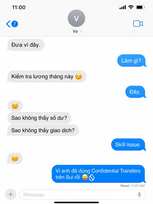 The image shows a text message conversation between two people who are discussing the issue of on-chain privacy. The messages include various emojis and exclamations expressing concern about the lack of privacy protection for Confidential Transfers. One person is asking, "So what's the deal with this? Why can't they just use a real name?" The other person responds, "I know right! It's like they're trying to make it difficult for us to understand their message." They both seem to be discussing the challenges of using on-chain transfers and the need for better privacy measures.