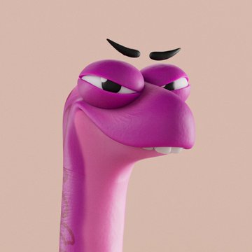 A 3D-rendered purple cartoon character with a long neck, half-closed eyes, and a subtle smile, set against a soft peach-colored background.