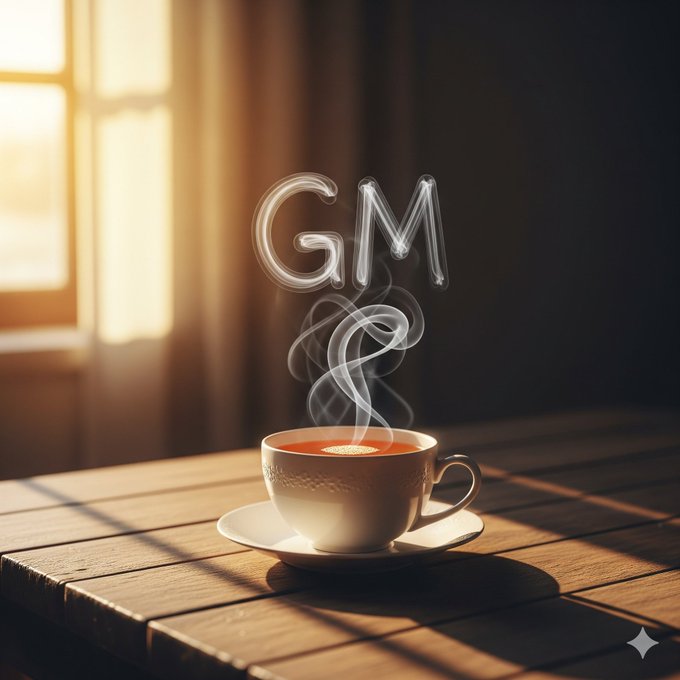 A white teacup on a saucer sits on a wooden table, with steam rising in the shape of the letters 'GM'. Sunlight streams through a window in the background.