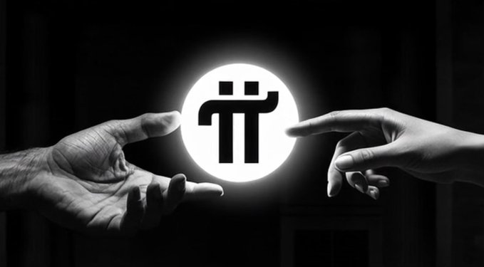 Two hands reach toward each other in a black-and-white image, with a glowing Pi Network (Pi) cryptocurrency logo between them.