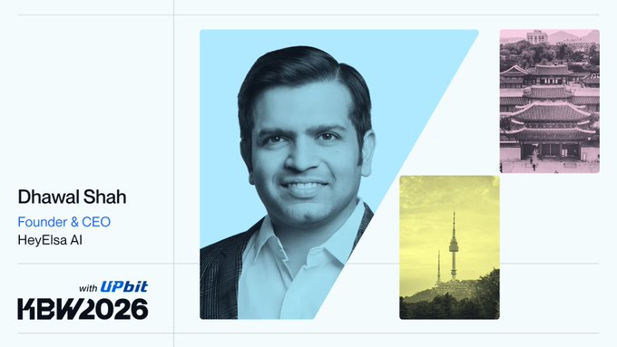 A promotional slide for KBW2026 featuring Dhawal Shah, Founder & CEO of HeyElsa AI, alongside photos of traditional East Asian architecture and a tower.
