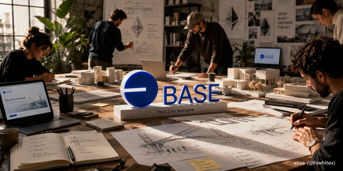 A promotional image for BASE featuring the BASE logo and the tagline 'The L2 for everyone' set in a collaborative workspace with people drawing and working on laptops.
