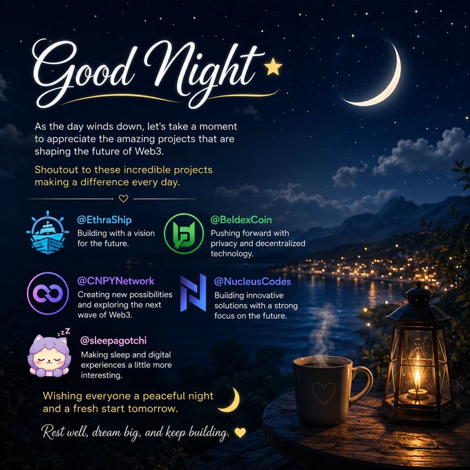 'Good Night' Web3 community shoutout graphic featuring project mentions including @EthraShip, @BeldexCoin, @CNPYNetwork, @NucleusCodes, and @sleepagotchi against a nighttime lakeside scene with a lantern.