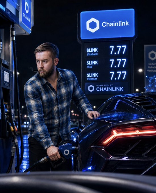 A man fuels up a sleek sports car at a Chainlink-branded station, with the digital display showing "LINK" priced at $7.77 across all tiers (Standard, Plus, Premium). The post's "$LINK" ticker and $7.77 price tag cleverly mirror the gas pump numbers, turning the cryptocurrency's value into a playful "fuel" metaphor for market momentum.