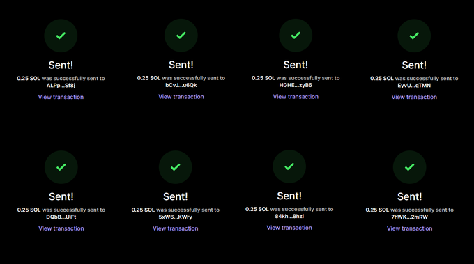 A screenshot showing 8 successful Solana transactions, each of 0.25 SOL, sent to addresses with suffixes like ALPp...5f0j, bCvL...u8Qk, HGHE...zy86, EyvU...qTMN, DQbB...UIFt, 5wW6...kWny, 84kH...3hnl, and 7hWK...2mRW—representing the prize payouts to the giveaway winners listed in the accompanying post.