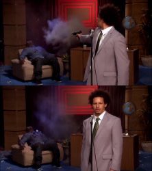 The image shows two frames from what appears to be a comedic TV show scene, featuring a man in a suit pointing and then reacting with a bewildered expression to a cloud of smoke where another person seemingly disintegrated. The image cleverly visualizes the accompanying text's joke about "killing the coin," depicting someone literally being destroyed in a puff of smoke—mirroring the paradoxical humor of fans lamenting a coin's demise while having caused it themselves.