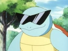 An animated image of Squirtle, the Pokémon, wearing black sunglasses with a smirk, set against a background of trees and sky.