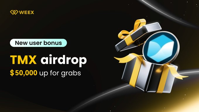The image is a promotional graphic from Weeyx announcing a "$50,000" TMX token airdrop for new users, featuring a gift box and TMX coin graphic against a dark background, complementing the post's details about the airdrop event with a link to Weeyx.