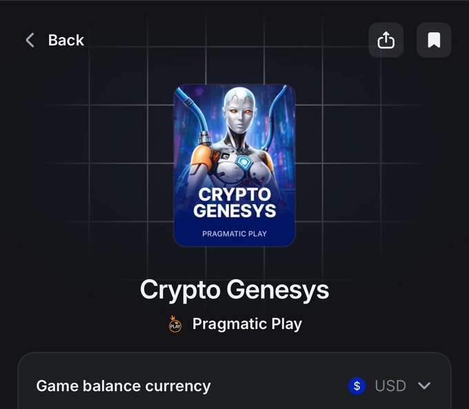 A mobile game launch screen for "Crypto Genesys" by Pragmatic Play, displayed with a dark grid background, a humanoid AI character on the game tile, and a "Game balance currency" set to USD. The image aligns with the post's mention of playing Crypto Genesys on 1winPro, showing the game's title screen before gameplay begins.