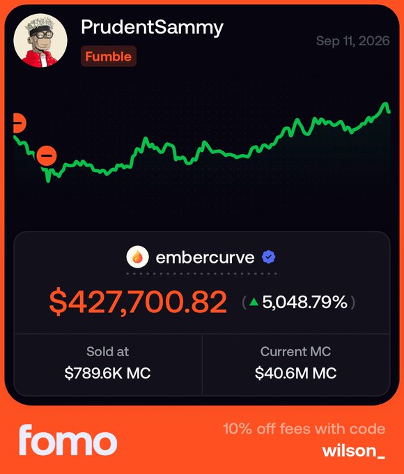 The image displays a trading post by user "PrudentSammy" tagged "Fumble" dated Sep 11, 2026, showing a chart of their purchase of the token $embercurve, which they sold at $789.6K market cap for $427,700.82 — a 5,048.79% gain from a tiny entry. The caption highlights the post as a prime example of spotting an early gem, since the token is now valued at a $40.6M market cap, implying a massive missed upside if the seller had held.