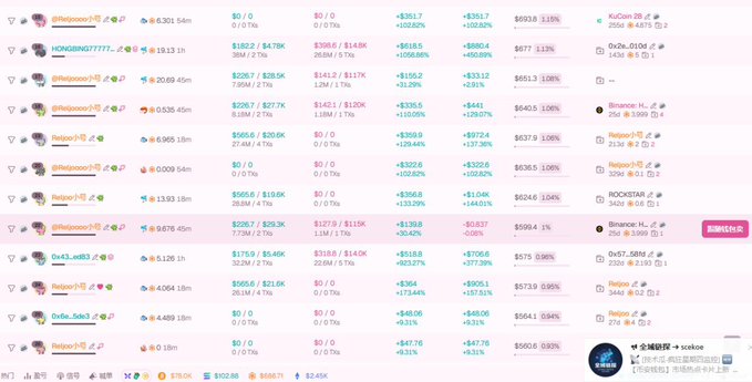 A cryptocurrency tracking dashboard displaying various tokens like littlepepe, HONGSHI77777, Pepecoin, Ox43...ed83, and RocketX with their respective prices, market caps, and 1-hour percentage changes.