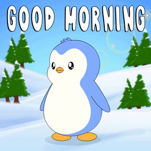 The image features a cartoon penguin standing on its two legs, facing towards the right side of the frame. The background shows a snowy landscape with trees, giving the impression that the penguin is walking through a winter wonderland. In the top left corner of the image, there's a post that reads "Good morning!" in white text against a blue background.