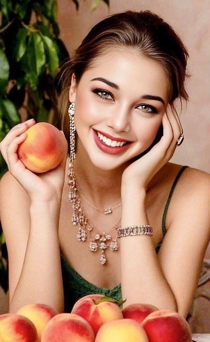 An AI-generated or edited portrait of a smiling young woman with elaborate jewelry, holding a peach with more peaches displayed at the bottom of the frame.